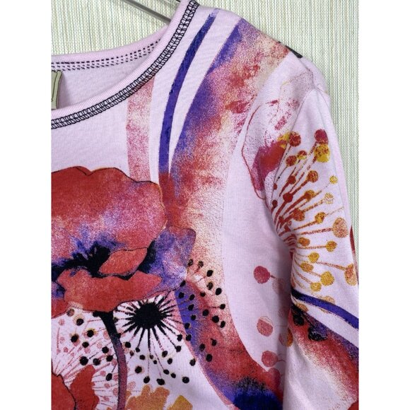 Jess And Jane Size XL Colorful Pink Purple Floral Print Cotton Top 3/4 Sleeves - Picture 4 of 7